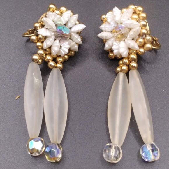 Vintage Flower Clip Earrings AB Crystals and plastic long beads - Picture 1 of 2
